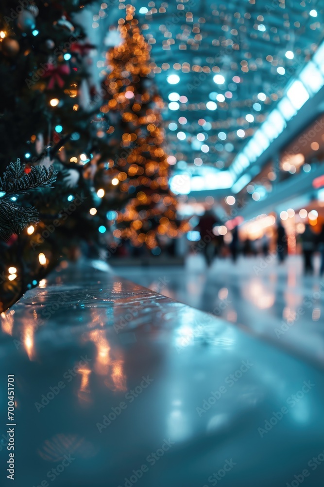 A Christmas tree stands in the center of a bustling airport. Perfect for holiday travel concepts