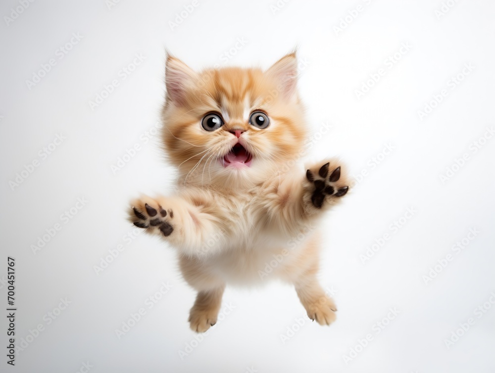 Generative AI : Funny tabby Persian kitten jumping on white background