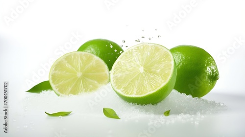 Generative AI : Natural fresh lime with water drops and sliced, green leaf isolated on white background