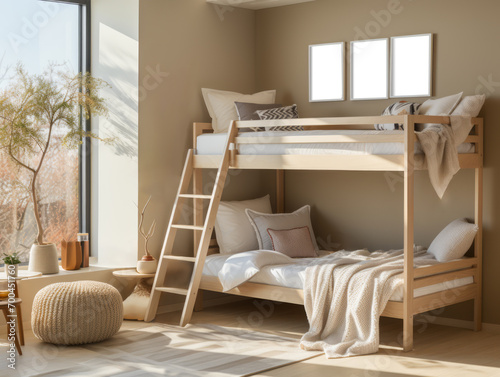 Modern bunk bed setup in a bright room with natural decor. Generative AI