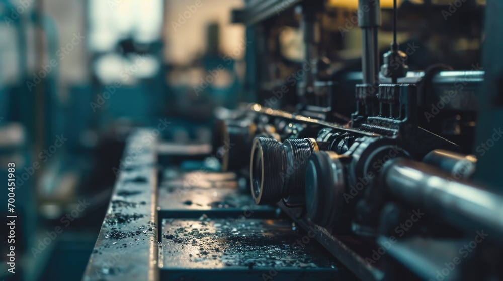 A detailed view of a machine in a factory. Can be used to depict manufacturing, industrial processes, or technology advancements.