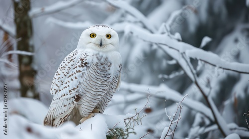 Winter scene featuring a snowy owl: Stunning wildlife photography capturing the owl in its habitat.  © Matthew