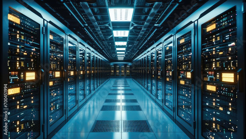 A bustling server room, rows of high-tech computers with blinking lights, The cooling fans filling the space. Generative AI.