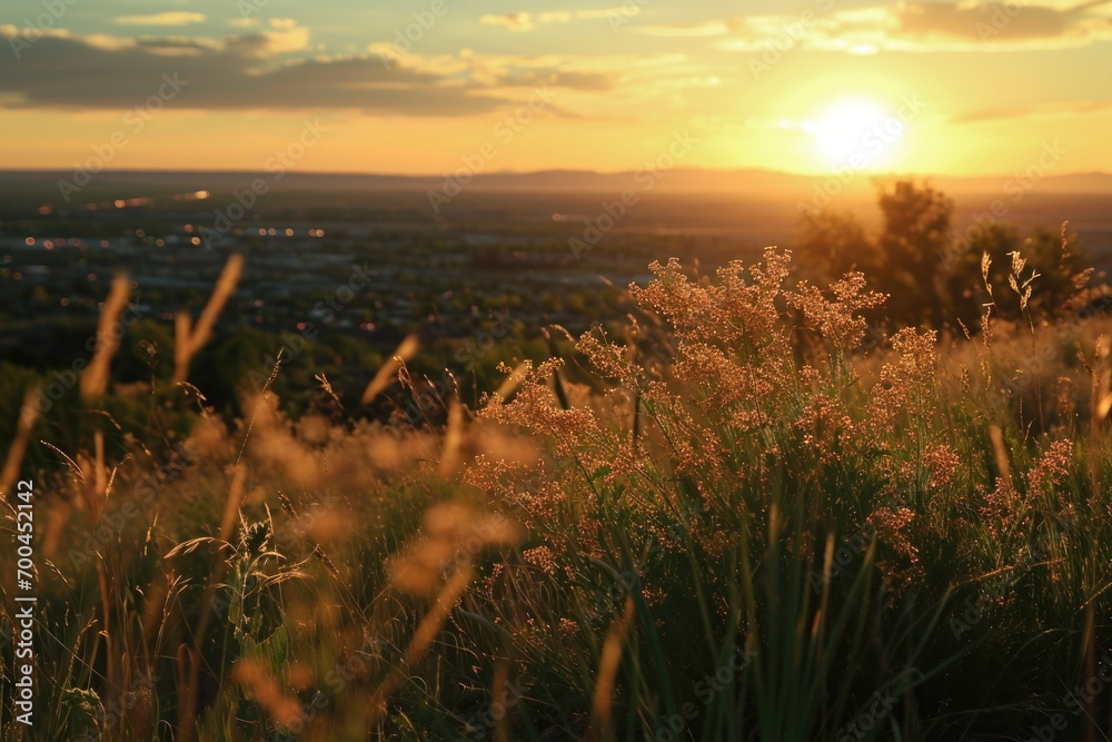 A beautiful sunset over a field of tall grass. Perfect for nature and landscape themes A beautiful sunset over a field of tall grass. Perfect for nature and landscape themes