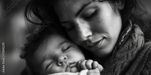 A black and white photo capturing a woman tenderly holding a baby. This picture can be used to depict the bond between a mother and child or to illustrate the concept of motherhood photo