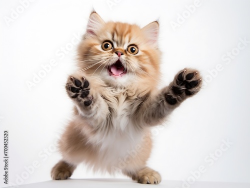 Generative AI : Funny tabby Persian kitten jumping on white background