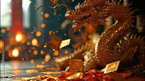 Dragons gold, Chinese New Year with red envelopes. Generative AI. photo
