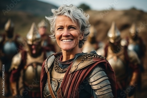 Portrait of a happy old woman in armor on the battlefield.