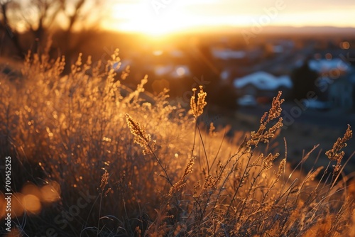 A beautiful sunset scene with the sun setting over a field of grass. Perfect for nature enthusiasts and landscape lovers