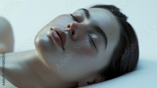 A woman laying on a bed with her eyes closed. Ideal for promoting relaxation and rest.