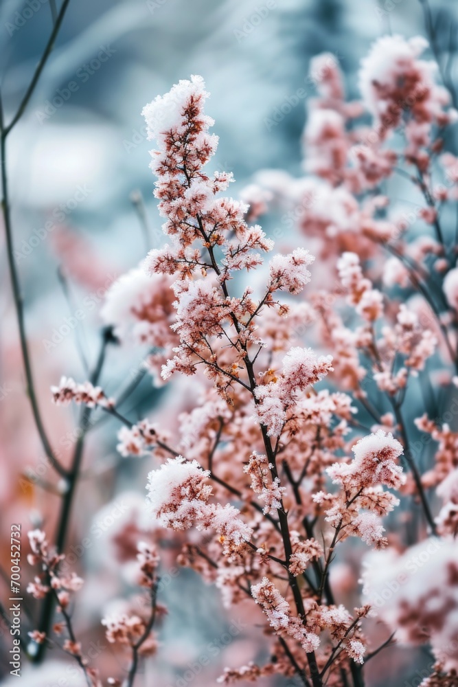 A detailed view of a plant covered in snow. This image can be used to depict the beauty of winter or as a symbol of resilience in harsh conditions A detailed view of a plant covered in snow. This image can be used to depict the beauty of winter or as a symbol of resilience in harsh conditions