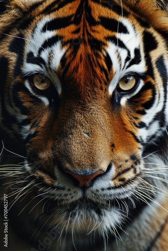 A close up view of a tiger s face with a blurred background. Suitable for wildlife photography or animal-themed designs