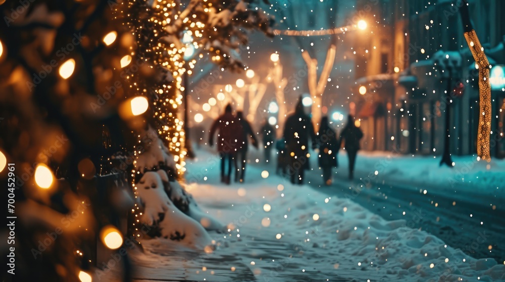 A group of people walking down a snowy street at night. Perfect for winter-themed designs and holiday promotions