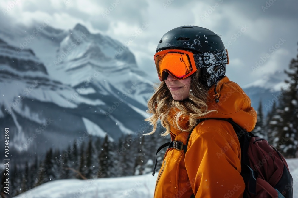 A woman is pictured wearing a helmet and goggles in the snow. This image can be used for winter sports or outdoor activities