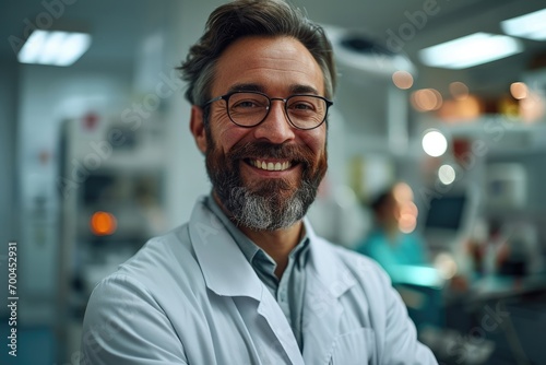 Healthy smile, Positive bearded dentist expressing cheer while standing in office. Generative AI.
