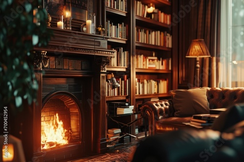A warm and inviting living room with a fireplace, filled with comfortable furniture. Perfect for creating a cozy atmosphere. Ideal for home decor or real estate concepts