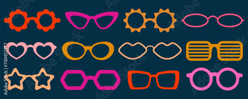 Groovy vector sunglasses. Retro hippy eyewear. Heart star and flower-shaped glasses. 70s funky design. Set of summer outfit