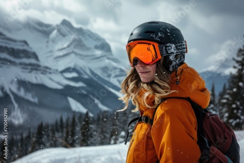 A woman is pictured wearing a helmet and goggles in the snow. This image can be used for winter sports or outdoor activities