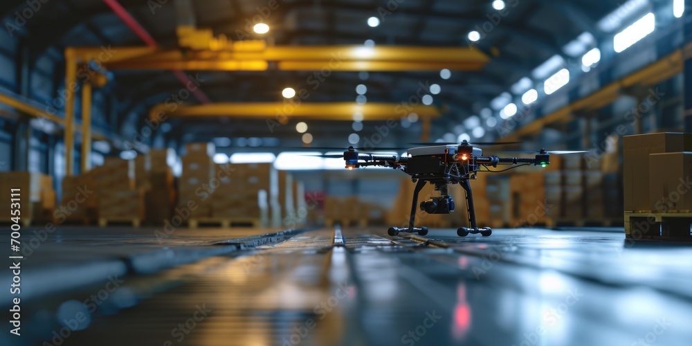 A drone is sitting on the floor of a warehouse. This image can be used to illustrate the use of drones in industrial settings A drone is sitting on the floor of a warehouse. This image can be used to illustrate the use of drones in industrial settings