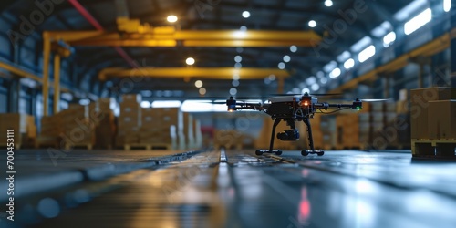A drone is sitting on the floor of a warehouse. This image can be used to illustrate the use of drones in industrial settings