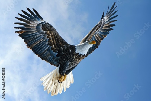 A majestic bald eagle soaring through the clear blue sky. Perfect for nature enthusiasts and wildlife lovers © Fotograf