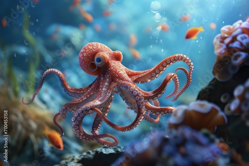 Octopus swimming alongside other fish in an aquarium. Suitable for marine life or underwater themed designs