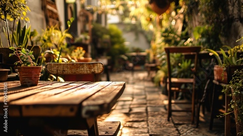 A wooden bench sitting in the middle of a courtyard. Suitable for outdoor seating areas or garden landscapes photo