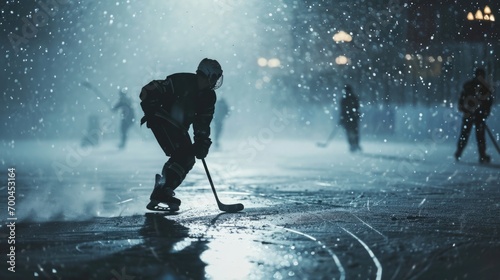 A man is seen playing hockey in the snow. This image can be used to depict winter sports and outdoor activities
