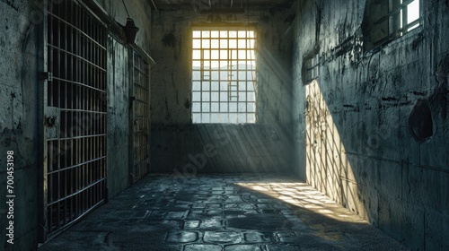 A picture of a jail cell with a window and bars. Can be used to depict incarceration, prison life, or the justice system photo