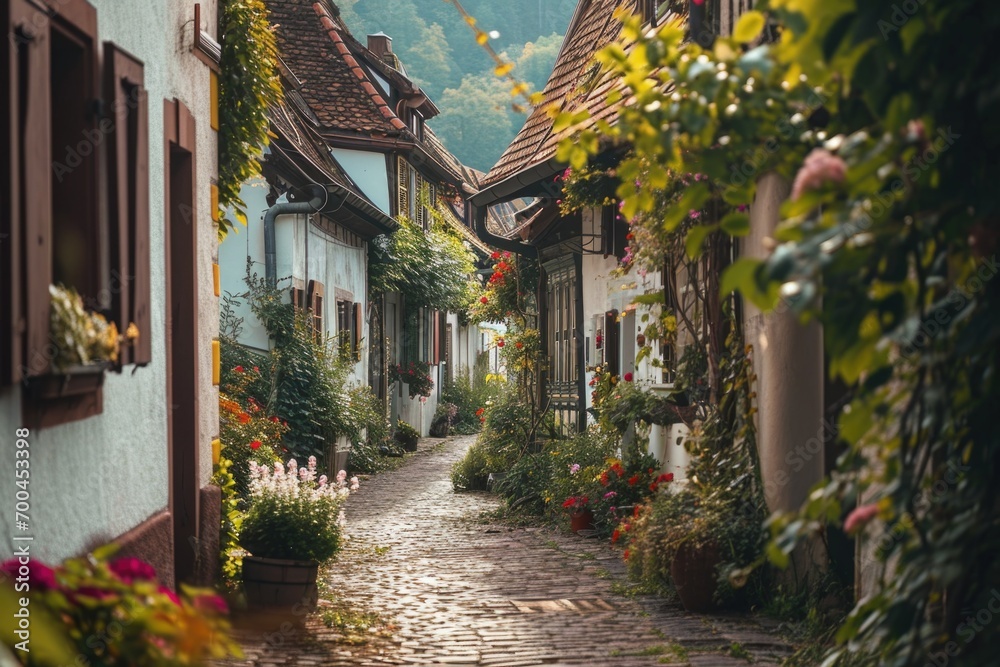 A picturesque view of a narrow cobblestone street adorned with vibrant and beautiful flowers. Perfect for adding a touch of charm and color to any project or design A picturesque view of a narrow cobblestone street adorned with vibrant and beautiful flowers. Perfect for adding a touch of charm and color to any project or design