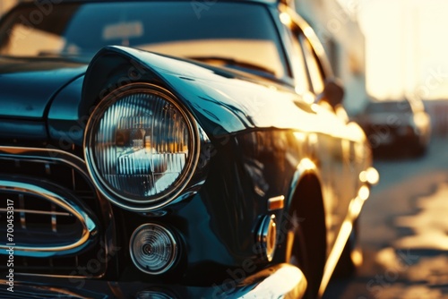 A close-up view of a car's headlight shining brightly on a city street. This image can be used to represent urban life, transportation, or nighttime driving