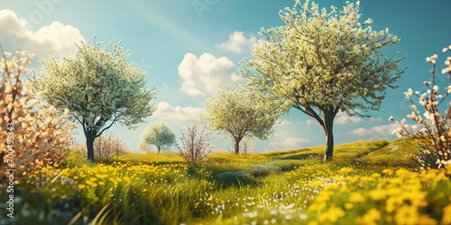 Three trees standing tall in a grassy field, surrounded by vibrant yellow flowers. Perfect for nature or landscape themes.