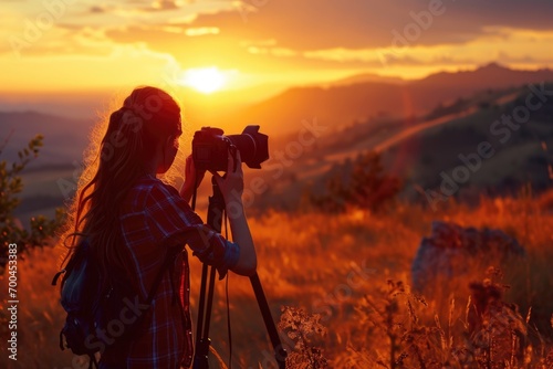 A woman capturing a beautiful sunset with her camera. Perfect for travel, nature, or photography-related projects