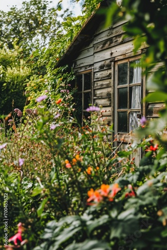 Wallpaper Mural A picturesque wooden building nestled among vibrant flowers and lush trees. Perfect for adding a touch of nature to any project Torontodigital.ca