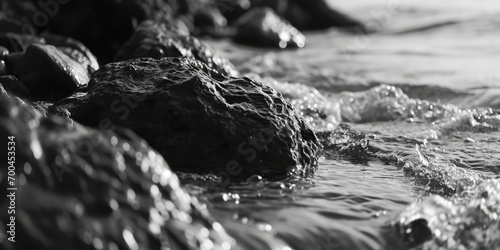A black and white photo of rocks in the water. Suitable for various uses