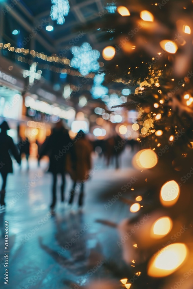 A group of people walking down a street next to a Christmas tree. Suitable for festive holiday-themed designs