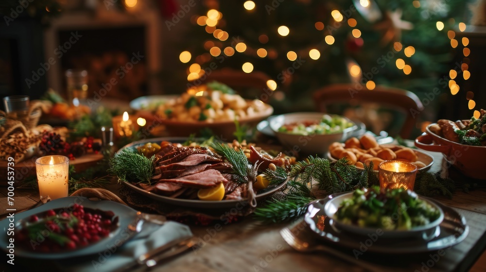 A table filled with plates of delicious food next to a beautifully decorated Christmas tree. Perfect for holiday gatherings and festive celebrations A table filled with plates of delicious food next to a beautifully decorated Christmas tree. Perfect for holiday gatherings and festive celebrations