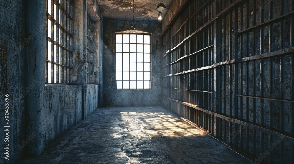 A picture of a jail cell featuring a window and bars. This image can be used to depict incarceration, confinement, or the criminal justice system