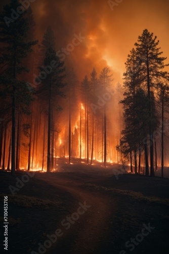 A large-scale forest fire with bright flames and thick black smoke rising into the air. A natural disaster in nature.