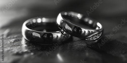 Wedding rings placed on a table, perfect for showcasing love and commitment. Ideal for wedding invitations, jewelry advertisements, and relationship-themed designs