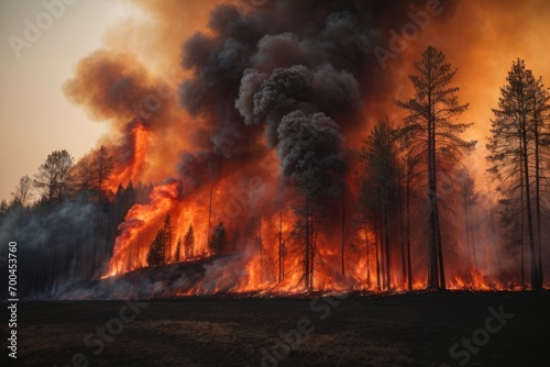 A progressive forest fire with a bright red fire and thick smoke rising into the air. A natural disaster in nature.