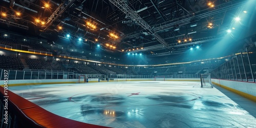 A hockey rink with a goalie on the ice. Suitable for sports-related designs and publications