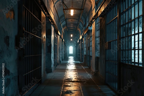A dimly lit hallway in an old jail cell block. Perfect for adding an eerie atmosphere to any project