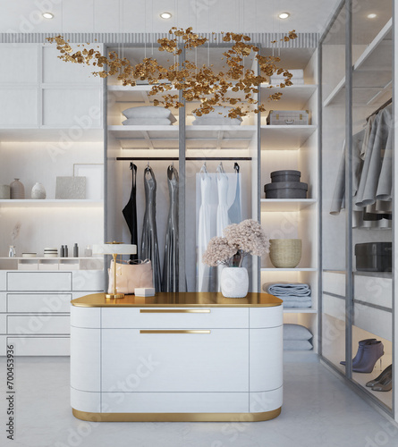 White luxury walk in closet interior with light frome dressing table.3d rendering photo