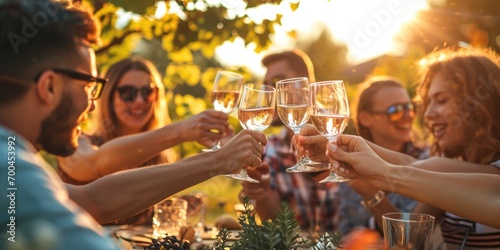 A group of people raising wine glasses in celebration. Perfect for any occasion or festive event photo