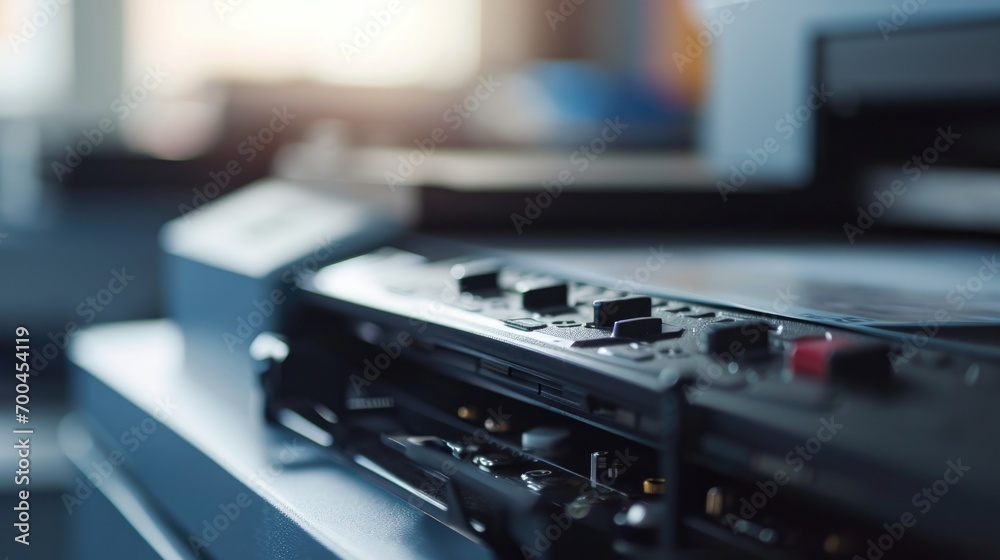 A close-up view of a remote control placed on a table. This image can be used to depict technology, home entertainment, or relaxation concepts