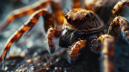 A close-up photograph of a spider on the ground. This image can be used to depict nature, wildlife, or insects in various contexts