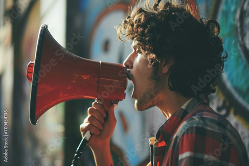 A man holding a red megaphone in his hand. Great for advertising and communication concepts photo