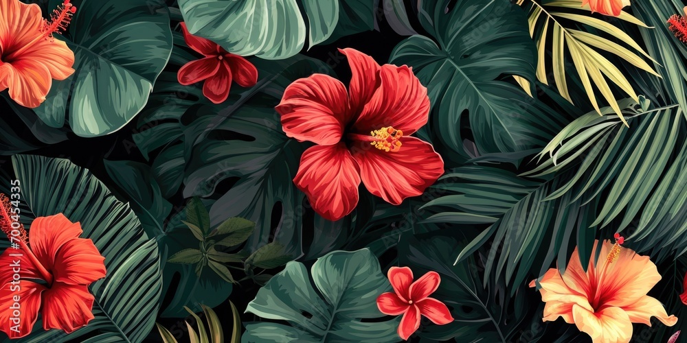 A bunch of red flowers with vibrant green leaves. Perfect for adding a pop of color to any project or design A bunch of red flowers with vibrant green leaves. Perfect for adding a pop of color to any project or design