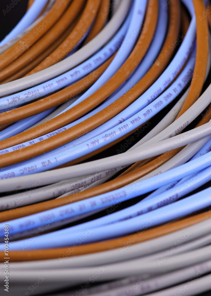 Copper wiring wires in colored insulation for the assembly of electrical panels.